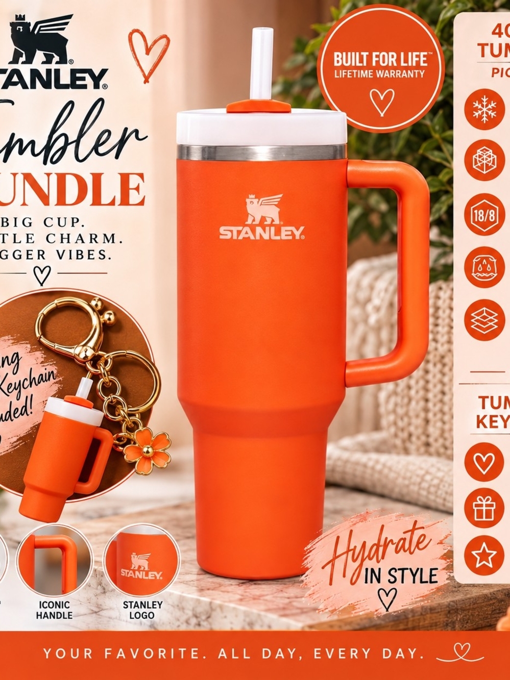 Stanley BUNDLE Orange 40oz Travel Tumbler with Handle and Straw And Keychain!!